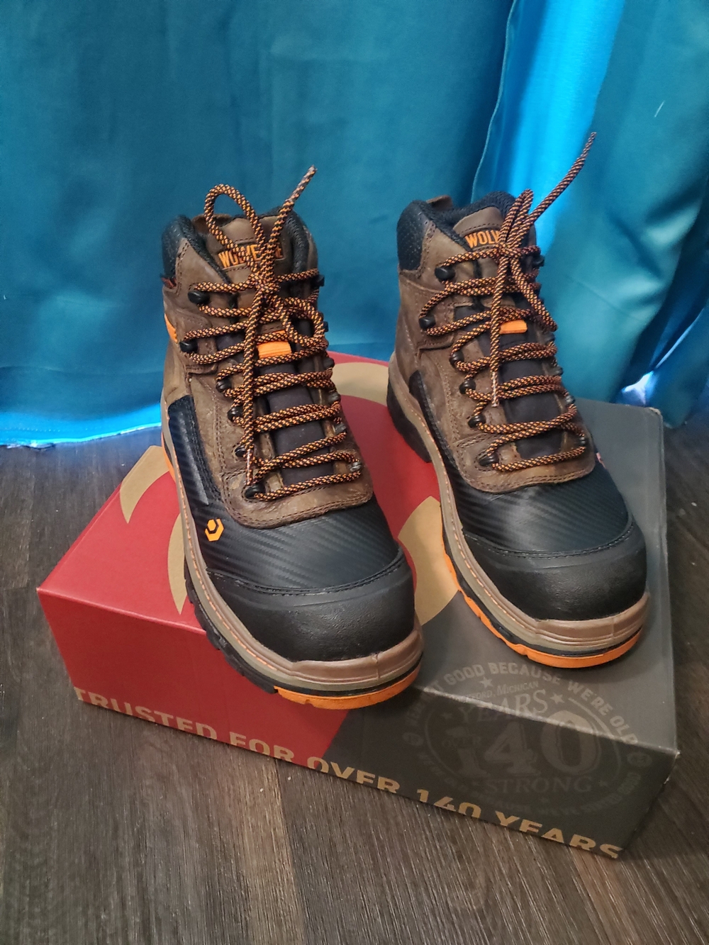 Wolverine Brown Work Boot with Orange Accents - Picture 2 of 3